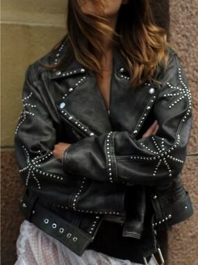 We The Free Moya Studded Black Leather Moto Biker Jacket Women Size Medium